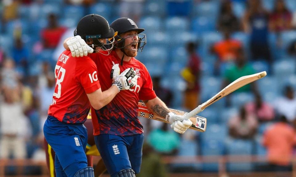 <span>Harry Brook (left) congratulates Phil Salt after the opener’s 109 off 56 balls helped England win the third T20 against West Indies in December.</span><span>Photograph: Randy Brooks/AFP/Getty Images</span>