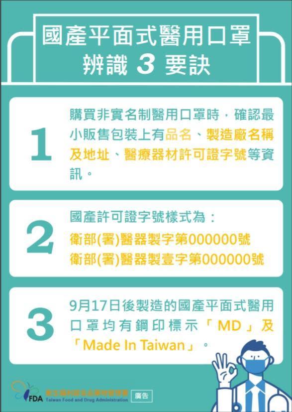 國產平面式醫用口罩辨識3要訣。（翻攝自食藥署網站）