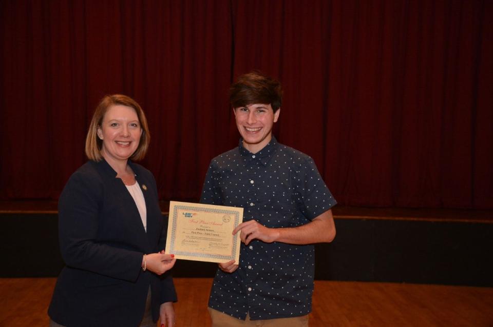 Zachary Sowers’s essay “Why is incivility dangerous to the function of a free republic?” was the winning entry in York County Bar Association/Bar Foundation’s Law Day essay competition. He is seen here with Law Day speaker Jennifer P. Wilson, federal district court judge, Middle District of Pennsylvania.