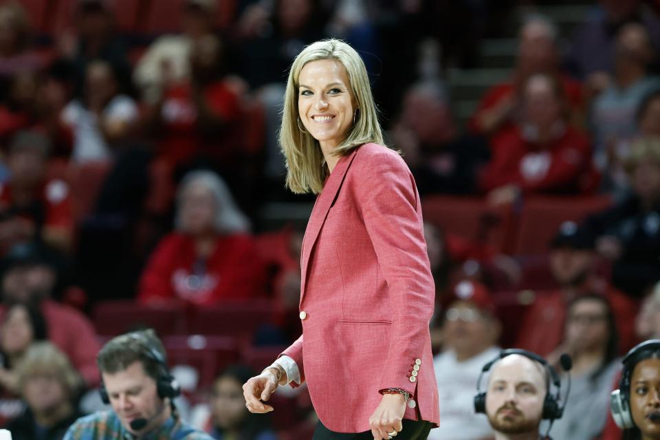 Oklahoma Sooners head coach Jennie Baranczyk smiles during the second half of an NCAA Women's Basketball game between the Oklahoma Sooners and UCF Knights at Lloyd Noble Center in Norman, Okla., Saturday, Dec. 30, 2023. Oklahoma won 69-52.