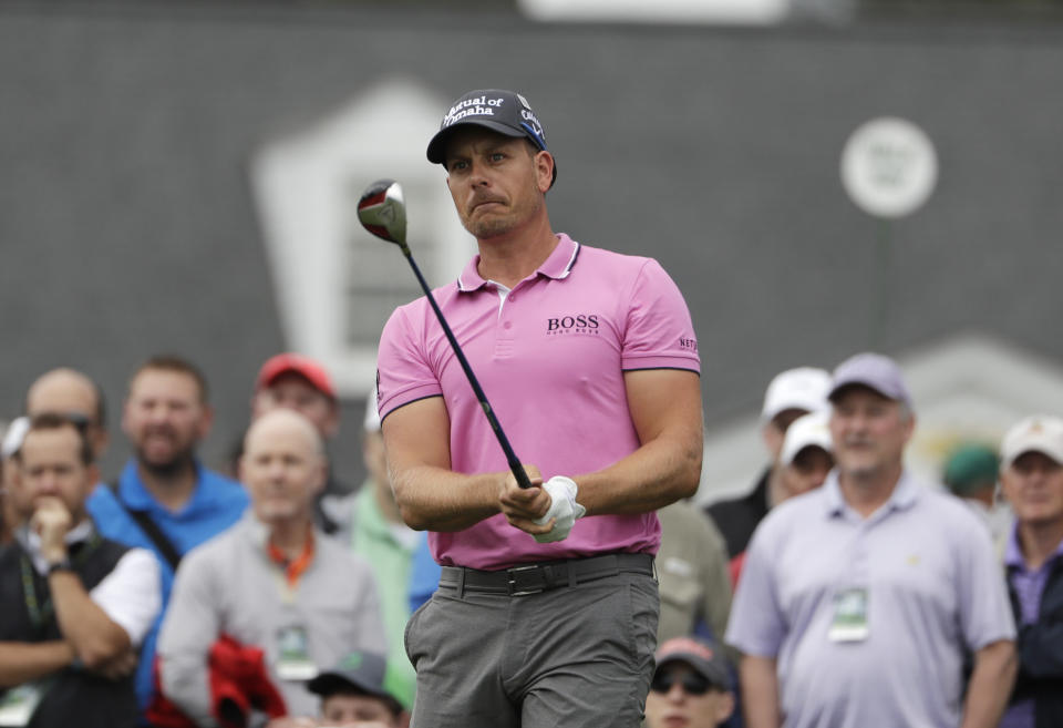 Henrik Stenson of Sweden, watches his drive on the first tee during a practice round for the Masters golf tournament Wednesday, April 5, 2017, in Augusta, Ga. (AP Photo/David Goldman)