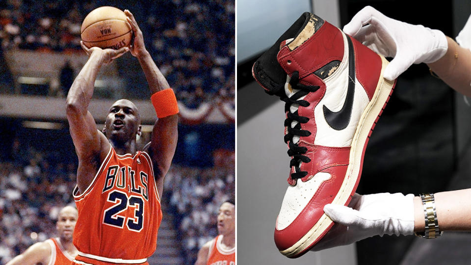 A pair of Michael Jordan's 'Air Jordan 1s' (pictured right) and Michael Jordan shooting the ball (pictured left).\