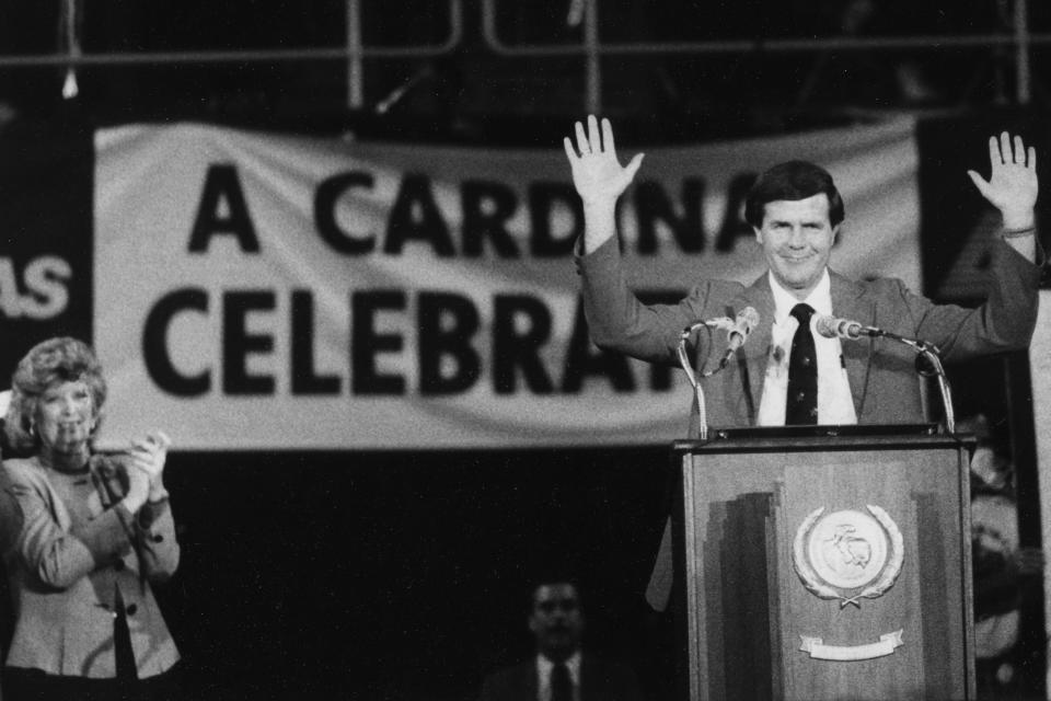 Kentucky Gov. Martha Layne Collins (left) was among those applauding coach Denny Crum at the Cardinal Celebration in Freedom Hall. April 1, 1986 