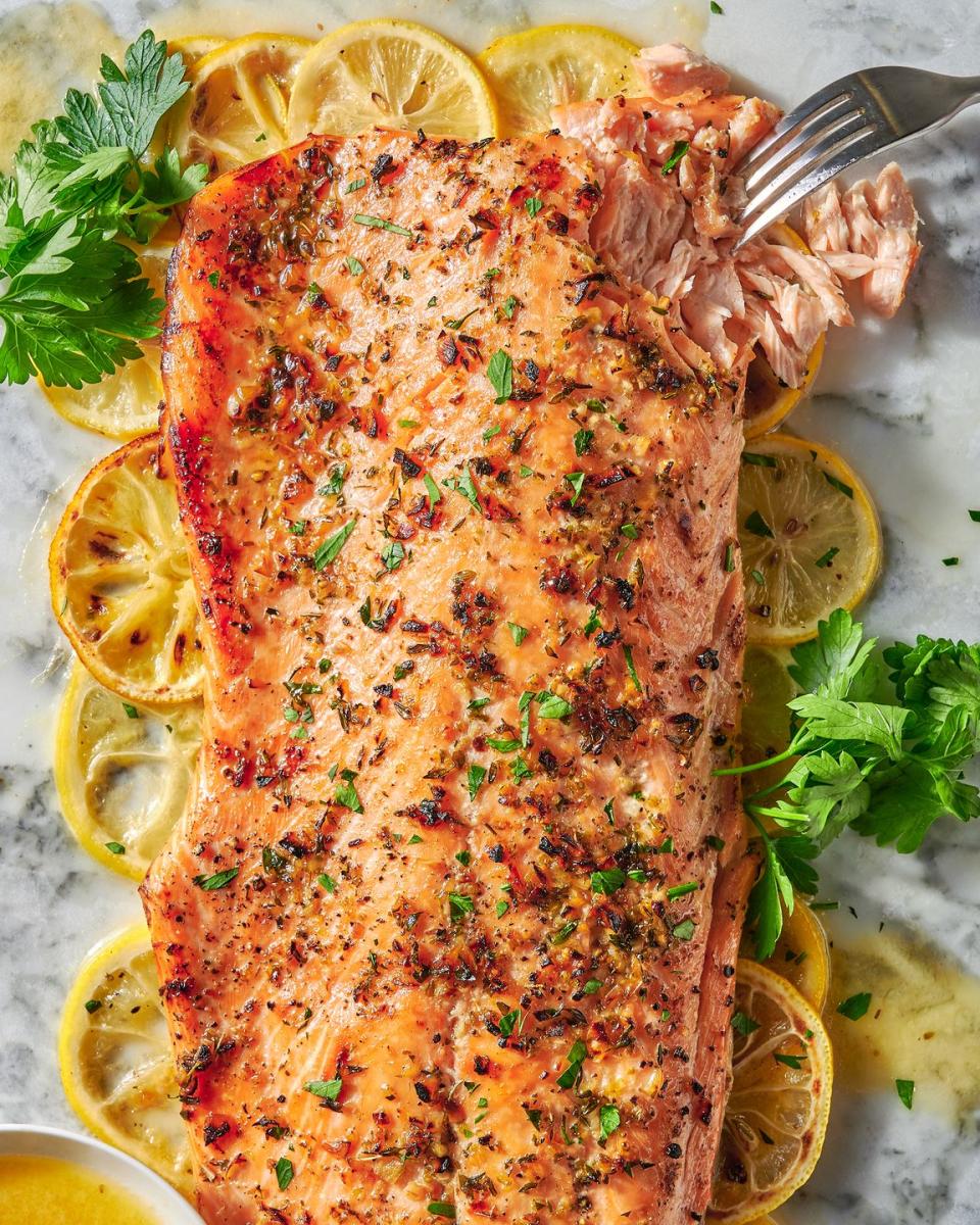 baked salmon with lemon slices and herbs