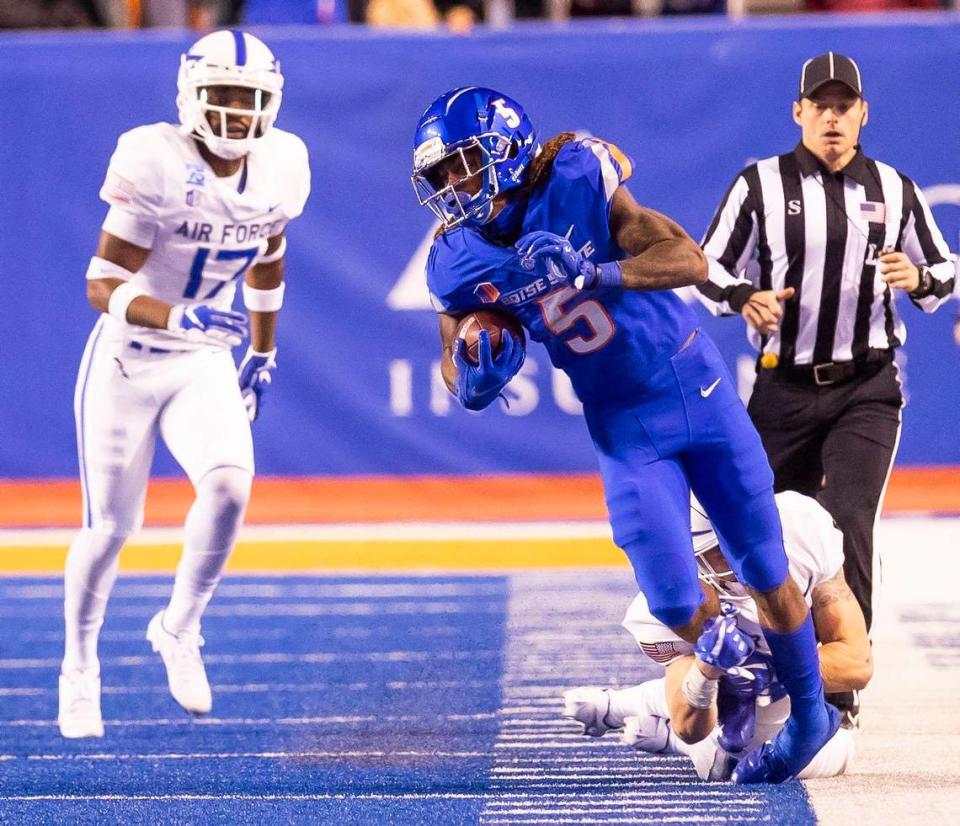 Boise State wide receiver Stefan Cobbs catches a pass against the Air Force defense during the second half of the game Saturday, Oct. 16, 2021 at Albertsons Stadiium.