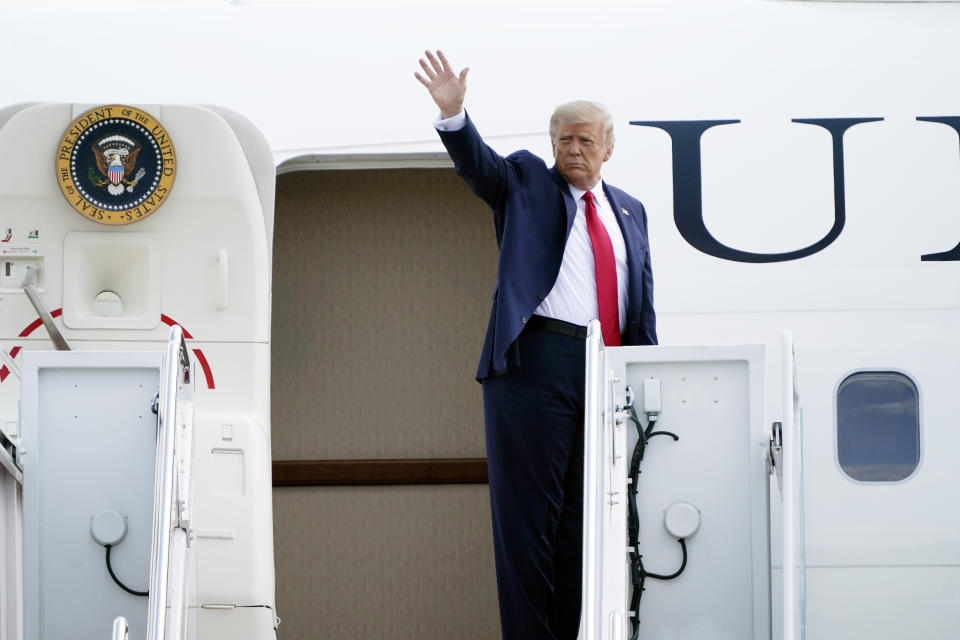 President Donald Trump board Air Force One at Andrews Air Force Base, Md., Tuesday, Sept. 8, 2020. (AP Photo/J. Scott Applewhite)