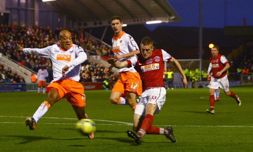 Jamie Vardy scores a consolation goal for Fleetwood in their 5-1 home defeat to Blackpool in the FA Cup third round in 2012.