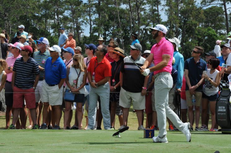 PONTE VEDRA BEACH, FL – MAY 14: Dustin Johnson plays his shot during the final round of THE PLAYERS Championship on THE PLAYERS Stadium Course at TPC Sawgrass on May 14, 2017, in Ponte Vedra Beach . (Photo by Jennifer Perez/PGA TOUR)