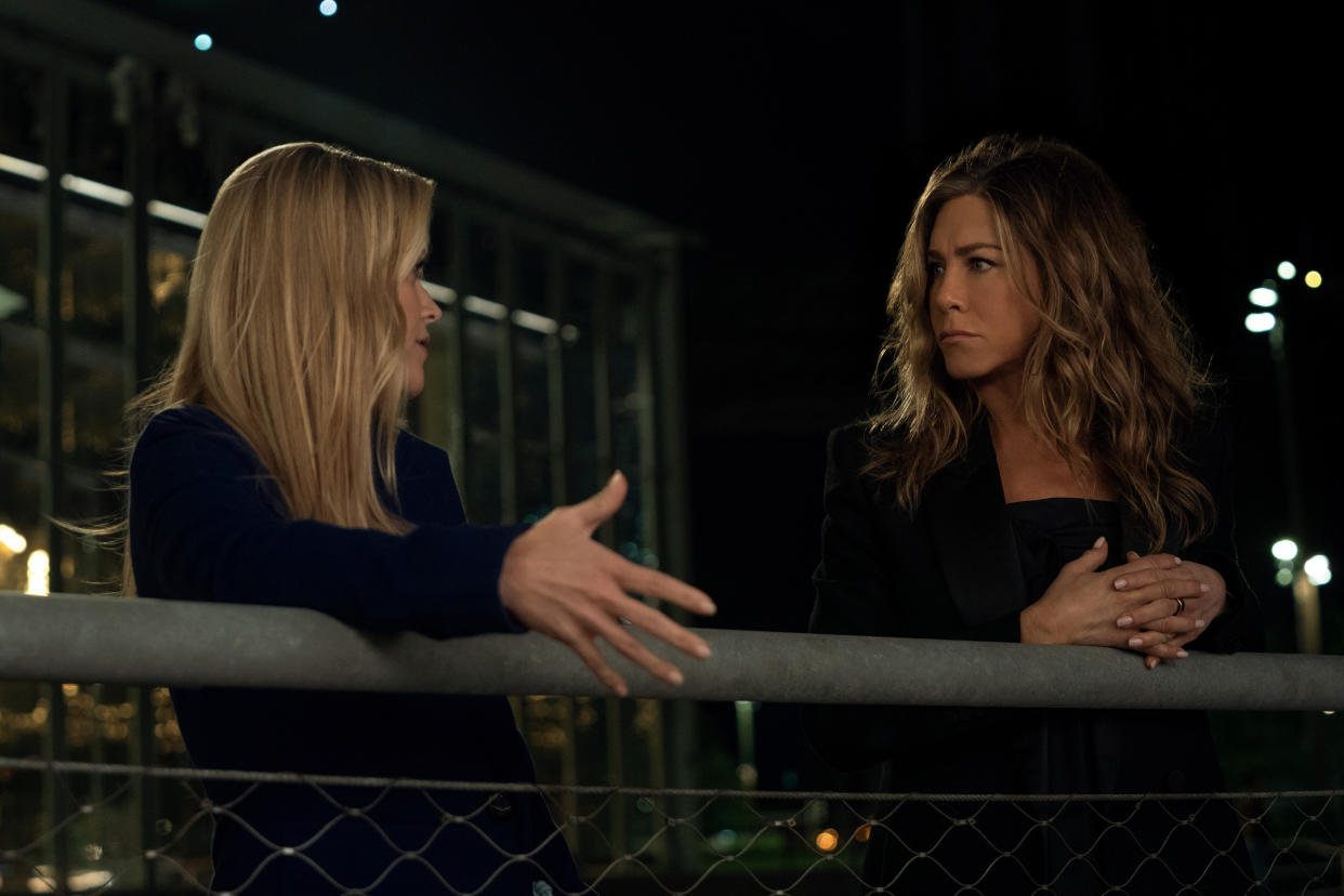 Reese Witherspoon and Jennifer Aniston are moving beyond catfighting in Season 3 of The Morning Show. (Courtesy Apple TV+)