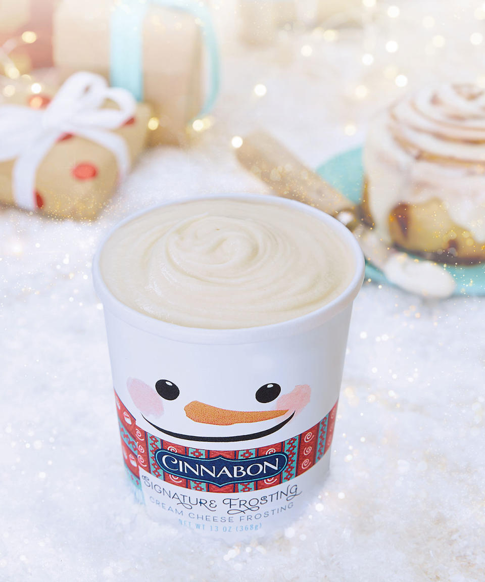 <p>Cinnabon's limited-edition Signature Frosting pints are back this holiday season. Stuffed with the same cream cheese frosting that makes Cinnabon's cinnamon rolls oh-so delicious, the frosting can be used to make <a href="https://www.cinnabon.com/holidays" rel="nofollow noopener" target="_blank" data-ylk="slk:everything from a grilled cheese to a hot chocolate;elm:context_link;itc:0;sec:content-canvas" class="link ">everything from a grilled cheese to a hot chocolate</a>. </p>