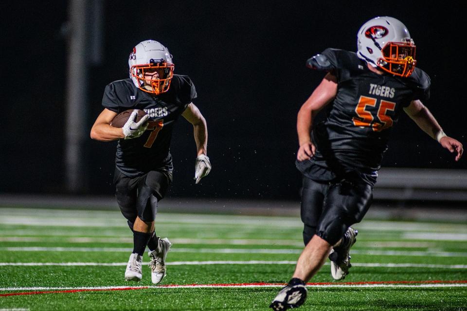 Kevin Panzer carries the ball as Pawling hosts Pine Plains-Rhinebeck in a football game on Friday, Oct. 6, 2023.