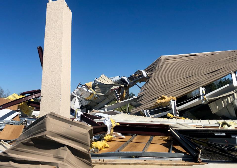 First Baptist Church of Selmer's north campus in Selmer, Tenn., is seen on Saturday April 1, 2023, after a severe storm hit the area the night before.