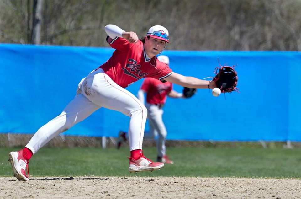 Cranston West's Alex Milano makes a play in the infield during a game earlier this season. On Friday, he smacked a 2-run single and was the winning pitcher, going all five innings while scattering 5 hits and striking out 5 in an 11-1 victory over Moses Brown.