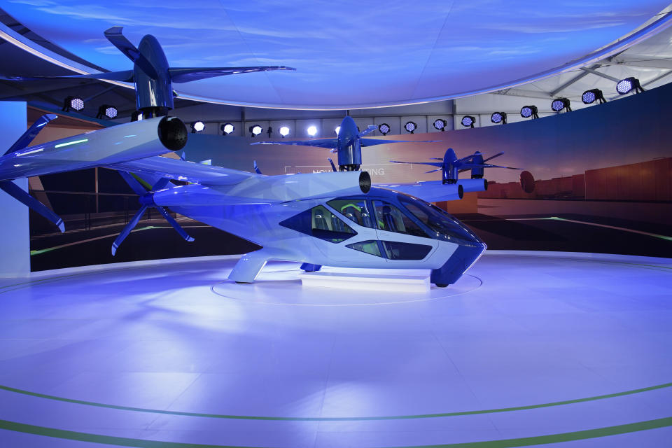 The Supernal S-A2 passenger electric VOTL aircraft is on display at the Supernal booth during the CES tech show Wednesday, Jan. 10, 2024, in Las Vegas. Supernal is a part of the Hyundai Motor Group. (AP Photo/John Locher)