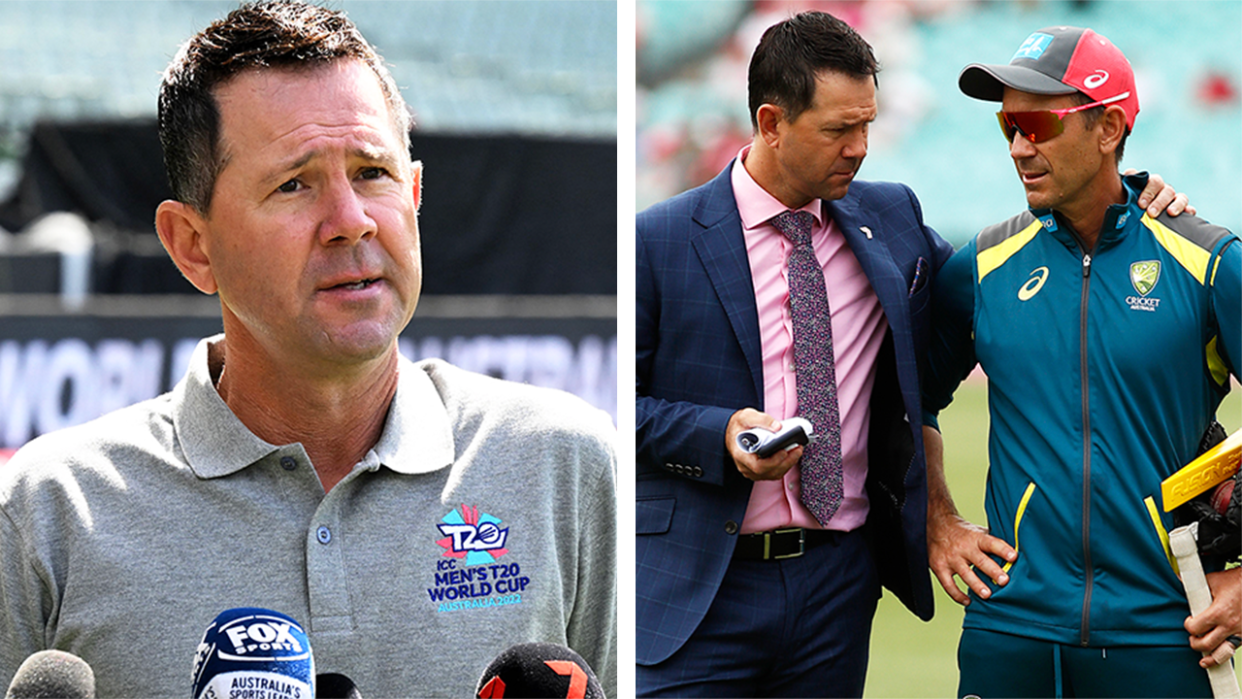 Justin Langer (pictured right) with Ricky Ponting and (pictured left) Ponting talking at a press conference.