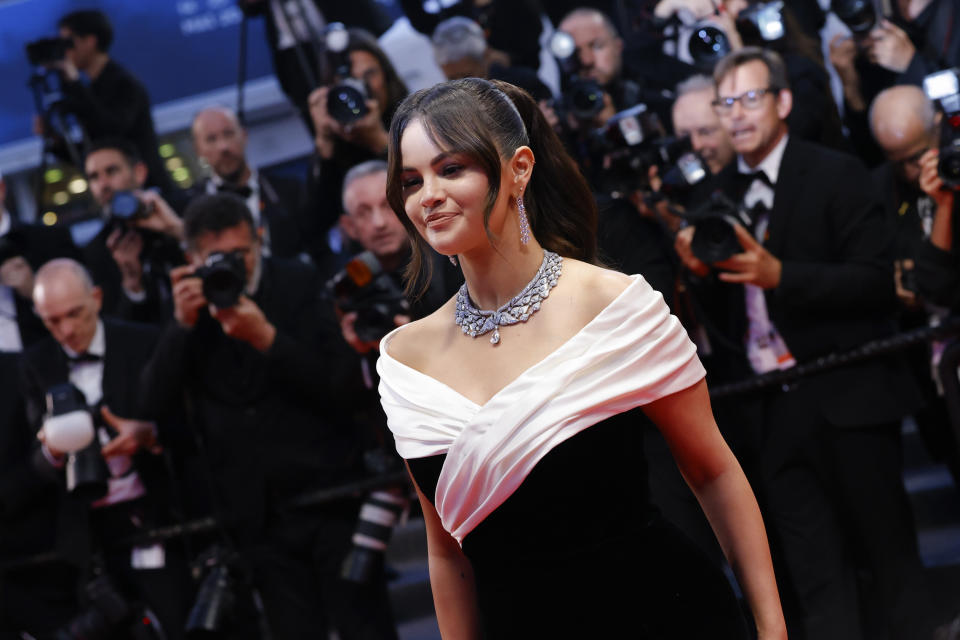 Selena Gomez poses for photographers upon departure from the premiere of the film 'Emilia Perez' at the 77th international film festival, Cannes, southern France, Saturday, May 18, 2024. (Photo by Millie Turner/Invision/AP)