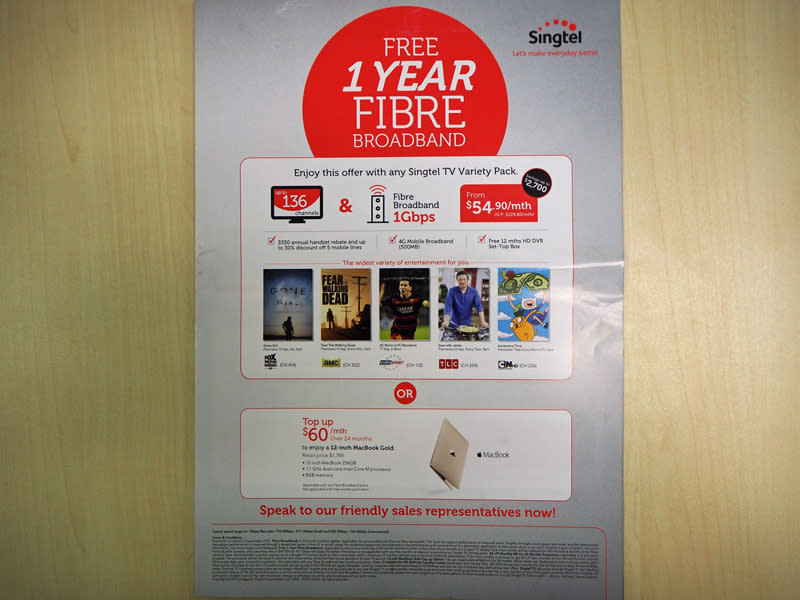 Are you re-contracting from an ADSL to fiber connection? Doing it through the Singtel 1Gbps Fibre Home Bundle plan at COMEX 2015 will net you eight months’ worth of free connectivity – that’s three more than simply switching over from fiber to fiber, as listed here.