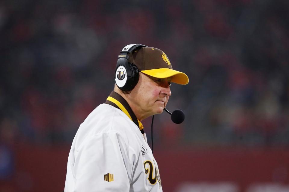 Wyoming coach Craig Bohl watches his team take on Fresno State during the first half of an NCAA college football game in Fresno, Calif., Friday, Nov. 25, 2022. (AP Photo/Gary Kazanjian)