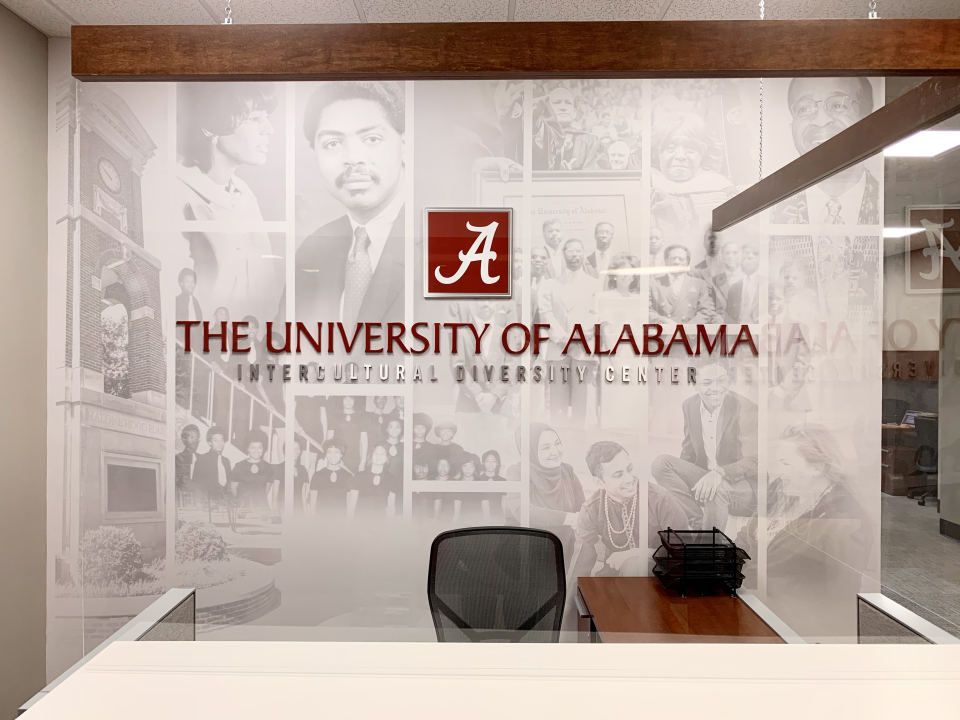 A history wall showing photos of University of Alabama  diversity trailblazers is one of the features of the new Intercultural Diversity Center in the Ferguson Student Center. [Photo by George L. Daniels]