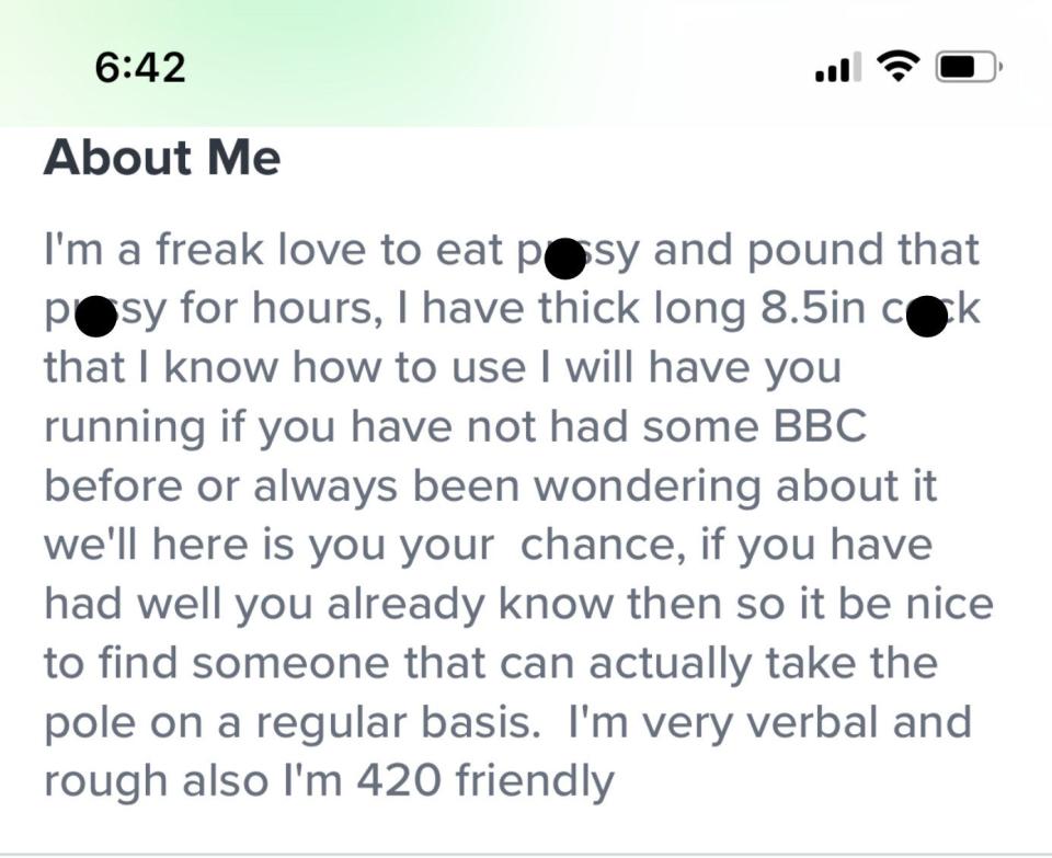 This man's whole about me section is about how he's a freak who can have sex for hours and how he has a 8.5-inch penis and knows what to do with it