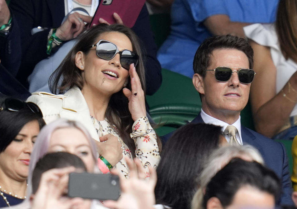 FILE - US actor Tom Cruise with actress Hayley Atwell, left watch the women's singles final between Australia's Ashleigh Barty and Czech Republic's Karolina Pliskova on day twelve of the Wimbledon Tennis Championships in London, Saturday, July 10, 2021. (AP Photo/Kirsty Wigglesworth, File)