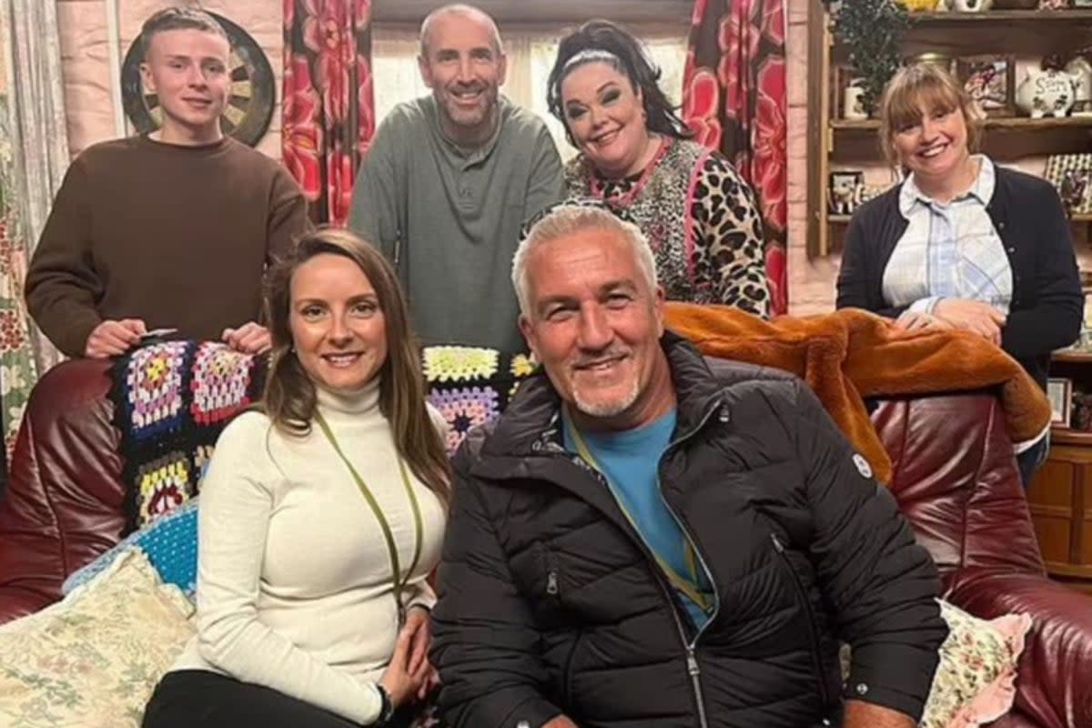 Paul Hollywood (front right) and his new wife Melissa Spalding (front left) visited the set of Emmerdale  (X/Emmerdale)