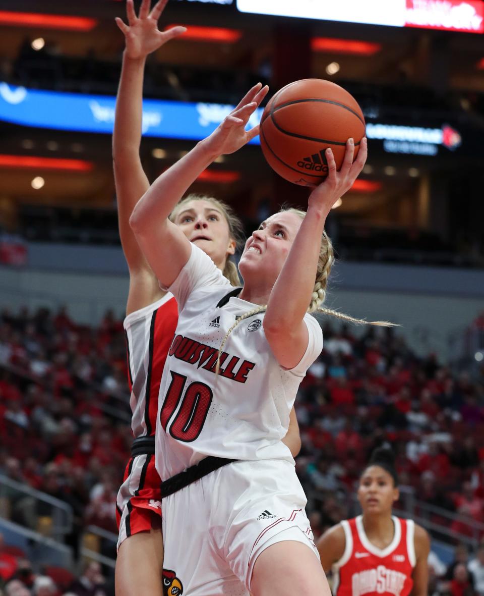 U of L's Hailey Van Lith (10) shoots against Ohio State's Jacy Sheldon (4) during their game at the Yum Center in Louisville, Ky. on Nov. 30, 2022.