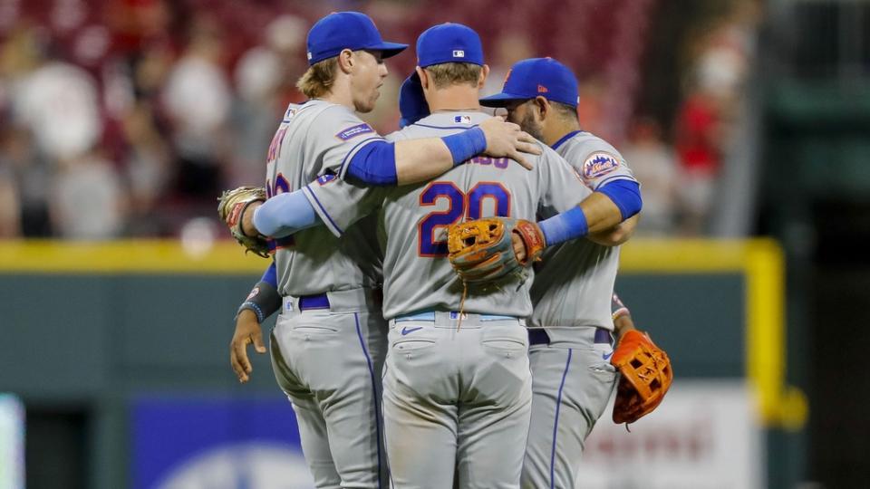 May 10, 2023; Cincinnati, Ohio, USA; Members of the New York Mets react after the victory over the Cincinnati Reds at Great American Ball Park.