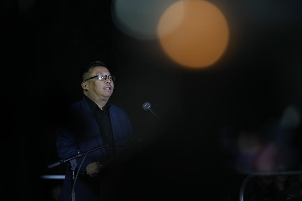 Henry Lo, mayor of Monterey Park, speaks at a vigil outside Monterey Park City Hall, blocks from the Star Ballroom Dance Studio on Tuesday, Jan. 24, 2023, in Monterey Park, Calif. A gunman killed multiple people at the ballroom dance studio late Saturday amid Lunar New Years celebrations in the predominantly Asian American community. (AP Photo/Ashley Landis)