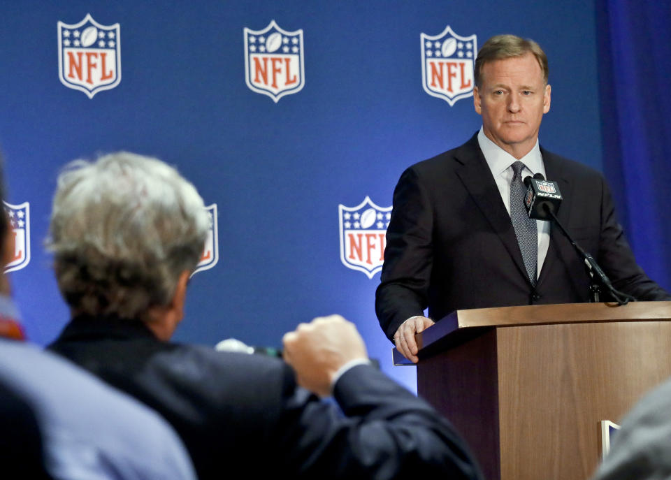 NFL commissioner Roger Goodell listens during a press conference after the NFL owners meetings, Wednesday, Oct. 17, 2018, in New York. (AP Photo/Bebeto Matthews)