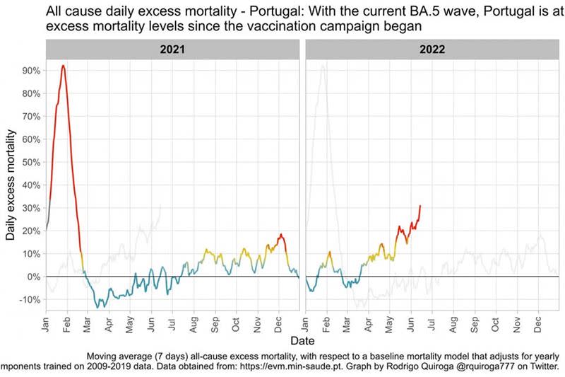 姜冠宇表示，葡萄牙的「超額死亡」在BA.4/BA.5影響下，來到2022年新高。（圖／翻攝自姜冠宇臉書）