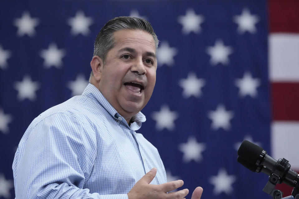 FILE - Sen. Ben Ray Lujan, D-N.M., speaks at the Arcosa Wind Towers, Aug. 9, 2023, in Belen, N.M. Luján, Sen. Bob Menendez, D-N.J., and Sen. Alex Padilla, D-Calif., joined with the House Congressional Hispanic Caucus at a press conference in front of the Capitol where they battered both Senate Republicans for demanding the border policy changes in exchange for passing Ukraine aid as well as Biden for making concessions that they warned would harm asylum seekers and ultimately undermine the United States' standing as a country that welcomes immigrants. (AP Photo/Alex Brandon)