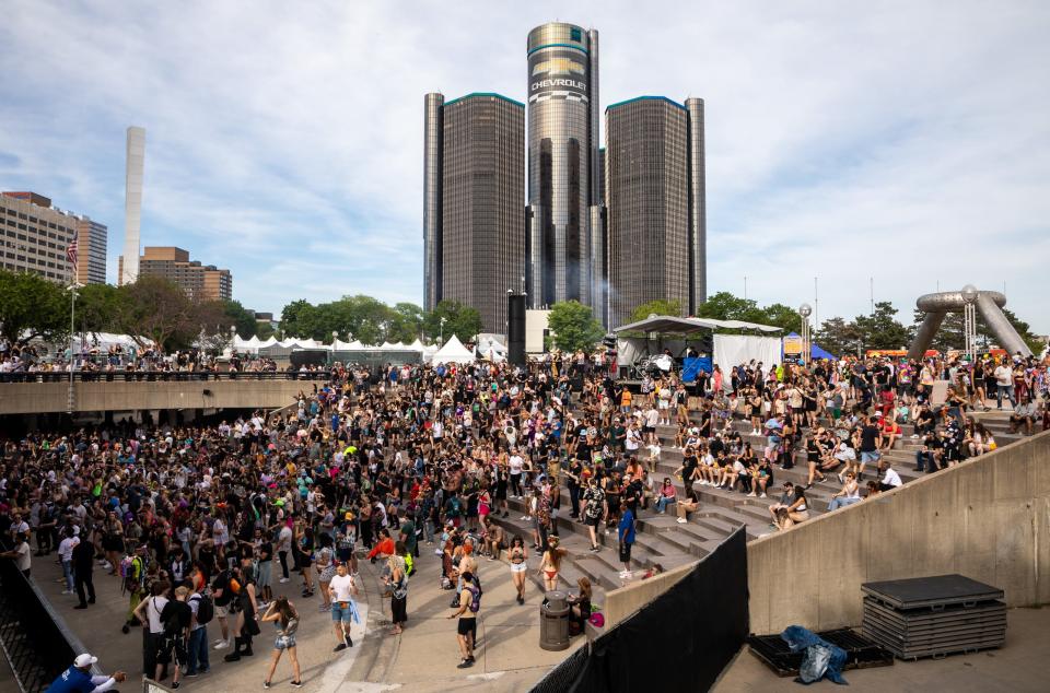 People dance in front of the Movement Stage during the Movement Festival at Hart Plaza in Detroit on Saturday, May 27, 2023. 