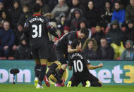 Philippe Coutinho celebrates with Joe Allen after scoring the first goal for Liverpool Reuters / Dylan Martinez Livepic