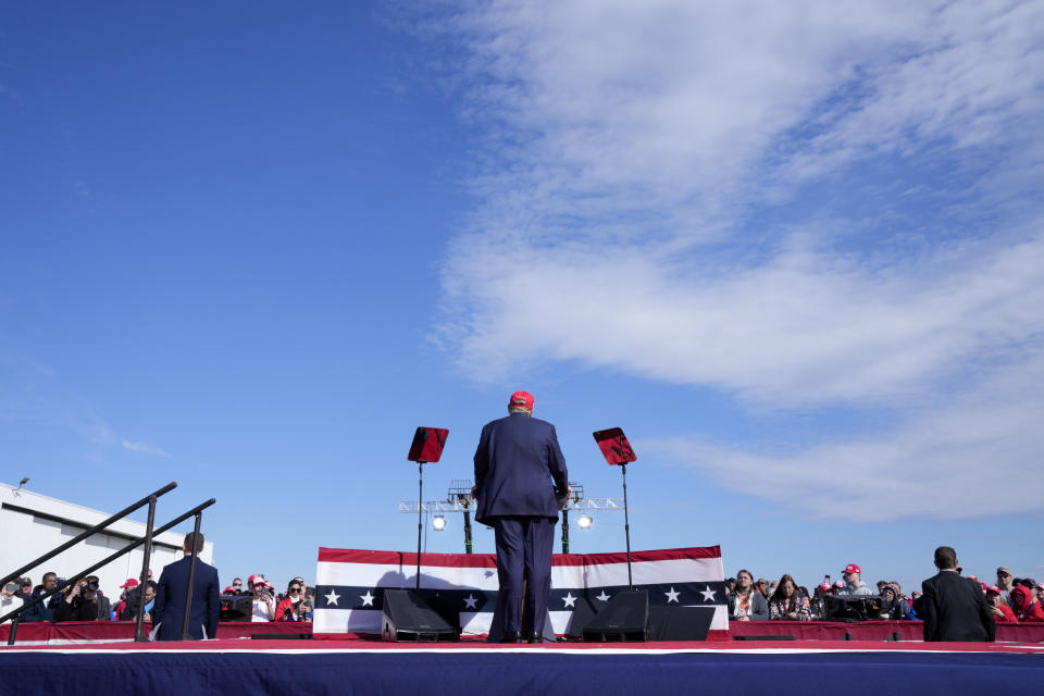 Republican presidential candidate former President Donald Trump speaks at a campaign rally Saturday, March 16, 2024, in Vandalia, Ohio. (AP Photo/Jeff Dean)