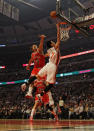 CHICAGO, IL - MARCH 12: Jeremy Lin #17 of the New York Knicks goes up for a shot against Joakim Noah #13 of the Chicago Bulls at the United Center on March 12, 2012 in Chicago, Illinois. NOTE TO USER: User expressly acknowledges and agrees that, by downloading and or using this photograph, User is consenting to the terms and conditions of the Getty Images License Agreement. (Photo by Jonathan Daniel/Getty Images)