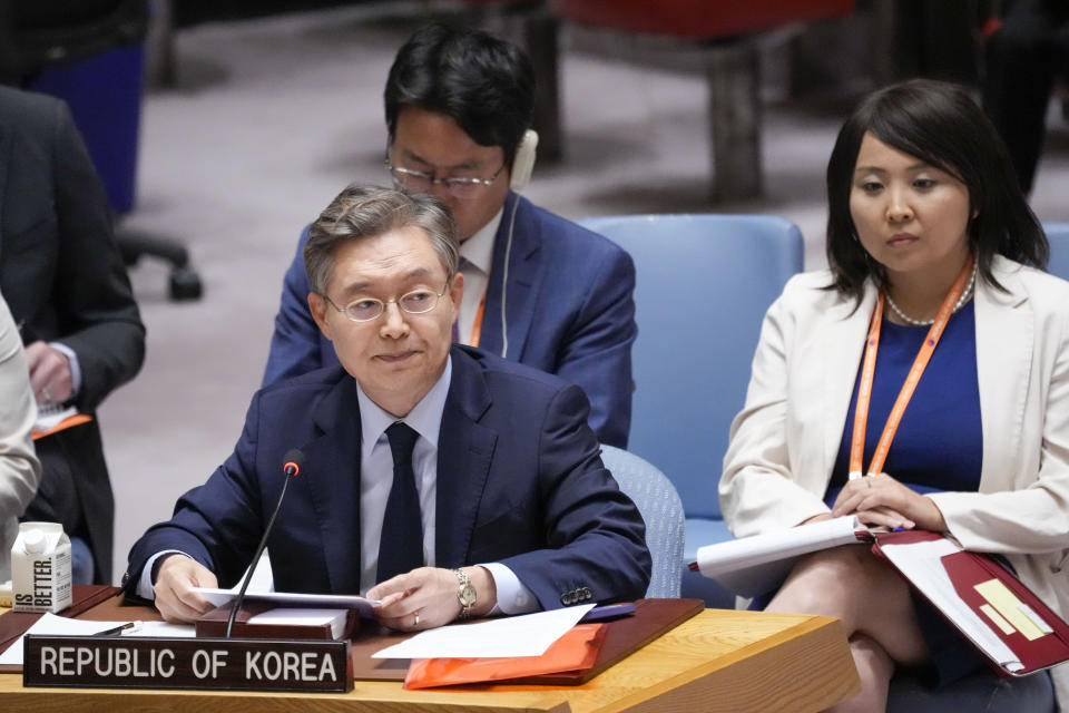 South Korean Ambassador to the United Nations Hwang Joon-kook addresses a Security Council meeting on Non-proliferation/North Korea, Thursday, July 13, 2023, at United Nations headquarters. (AP Photo/Mary Altaffer)