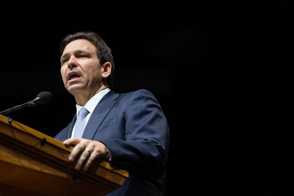 Florida Gov. Ron DeSantis speaks during the Utah Republican Party Organizing Convention at Utah Valley University in Orem.