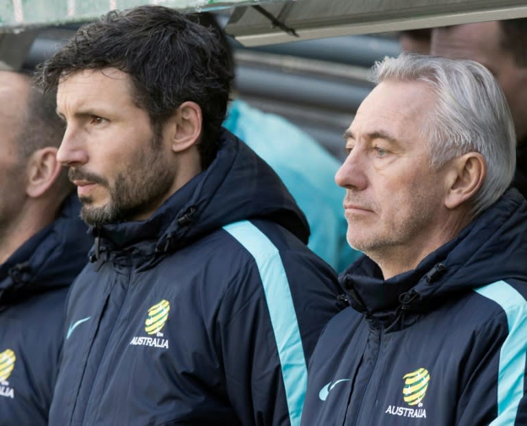 Australia's Dutch head coach Bert van Marwijk (R) and his assistant Mark van Bommel watch their side get beaten 4-1 by Norway