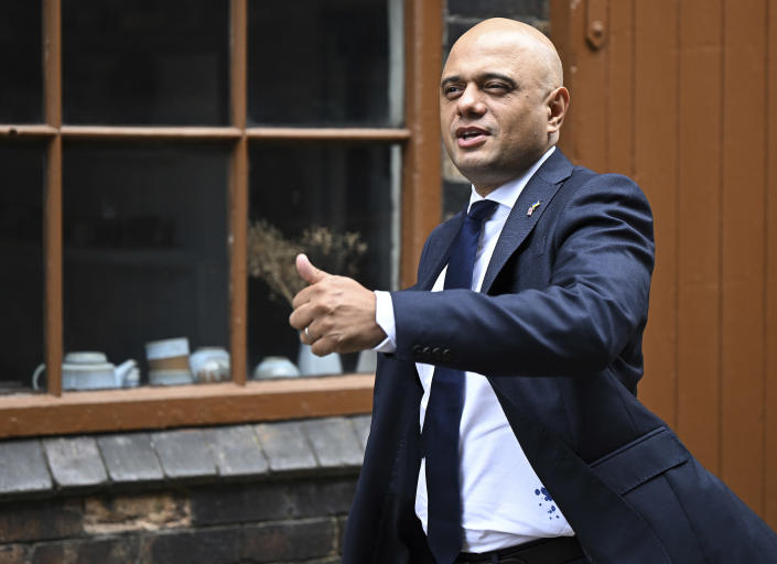FILE - Britain's Health Secretary Sajid Javid arrives for a Cabinet meeting at a pottery in Stoke-on-Trent, England, Thursday, May 12, 2022. British Prime Minister Boris Johnson managed to see off a no-confidence vote from his own Conservative Party — but the result dealt a heavy blow to his authority, and questions are already being asked over who could succeed him. (Oli Scarff/Pool Photo via AP, File)