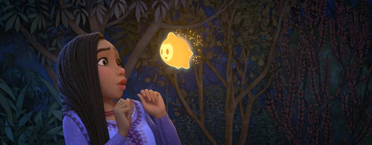 Asha (voiced by Ariana DeBose) encounters Star in Wish. (Walt Disney Studios Motion Pictures/Courtesy Everett Collection)