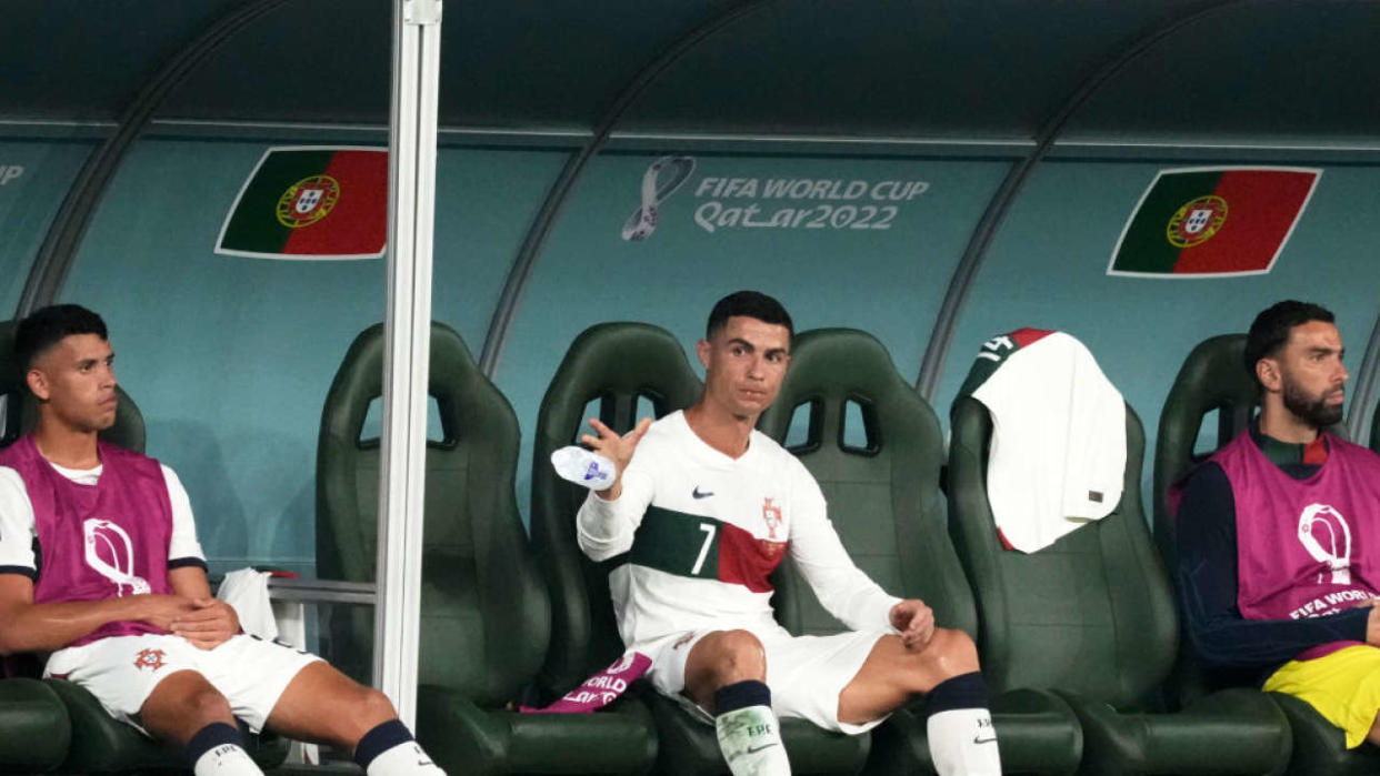 AL RAYYAN, QATAR - DECEMBER 02: Portugal's forward #07 Cristiano Ronaldo reacts  during the FIFA World Cup Qatar 2022 Group H match between Korea Republic and Portugal at Education City Stadium on December 02, 2022 in Al Rayyan, Qatar. (Photo by Koji Watanabe/Getty Images)