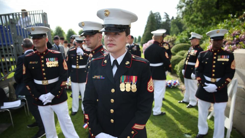 PHOTO: U.S. Marines attend a ceremony to commemorate the 100th anniversary of the World War I Battle of Belleau Wood Chateau-Thierry, France, May 27, 2018. (Sean Gallup/Getty Images)