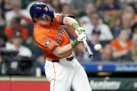 Houston Astros' Jake Meyers hits a two-run home run against the Milwaukee Brewers during the second inning of a baseball game Friday, May 17, 2024, in Houston. (AP Photo/Eric Christian Smith)