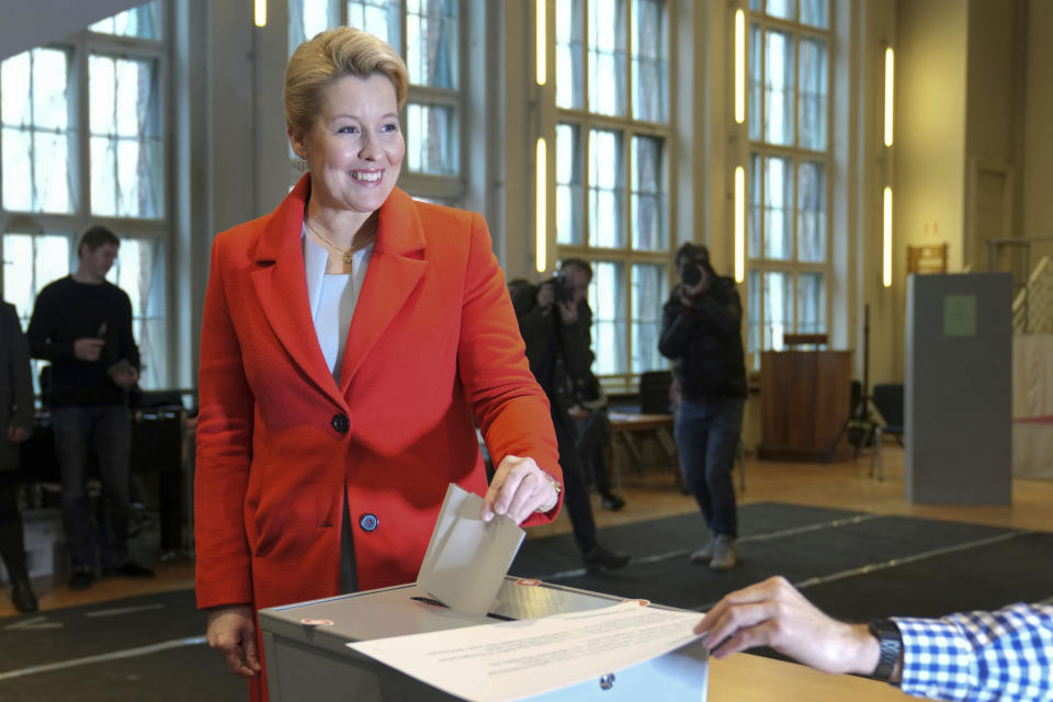 Berlin Mayor Franziska Giffey casts her vote at a polling station in Berlin, Germany, Sunday, Feb. 12, 2023. The city of Berlin on Sunday, Feb. 12, 2023, holds a court-ordered rerun of a chaotic 2021 state election that was marred by severe glitches at many polling stations. (AP Photo/Michael Sohn)