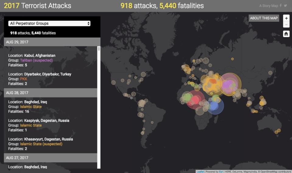 A map created by PeaceTech Lab showing the number of terrorist attacks that have taken place around the world by month.