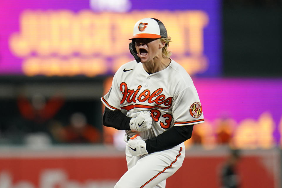 Baltimore Orioles' Kyle Stowers reacts after hitting his first career home run to tie the score 3-3 during the ninth inning of a baseball game against the Chicago White Sox, Thursday, Aug. 25, 2022, in Baltimore. The Orioles won 4-3 in 11 innings. (AP Photo/Julio Cortez)