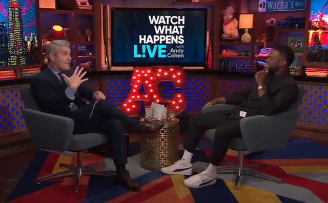 <p>WWHL/YouTube</p> (Left to right:) Andy Cohen and Kevin Hart on "Watch What Happens Live"