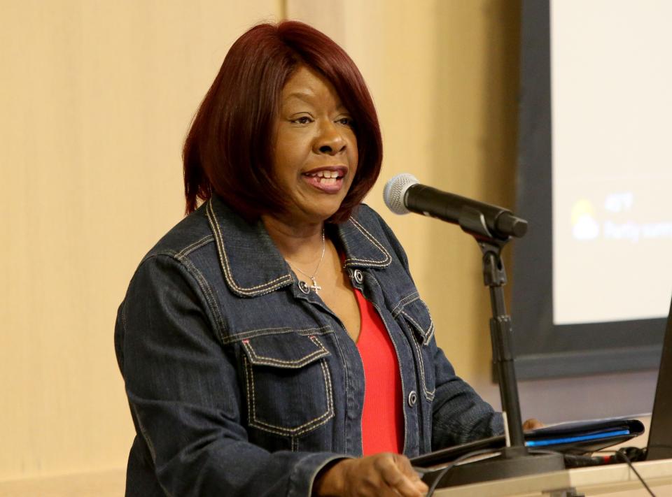 Trina Robinson, president of the local chapter of the NAACP, speaks Monday, March 6, 2023, at the Save Portage Manor town hall at the St. Joseph County Public Library sponsored by the local chapter of the NAACP.