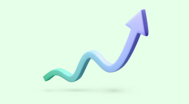 Graphic of green and blue arrow against pale green background pointing up and to the right, symbolizing growth stocks